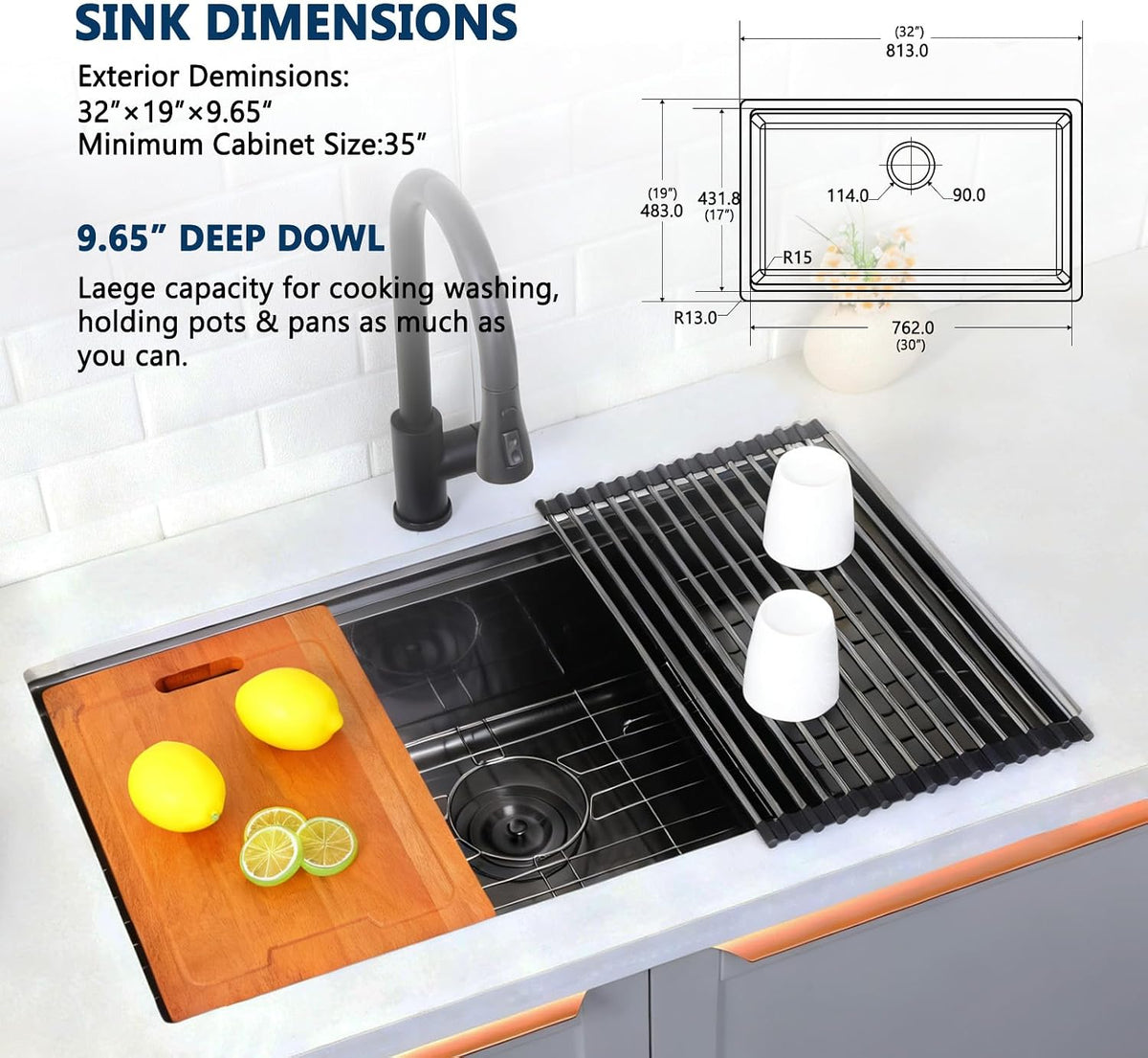  Black Undermount Kitchen Sink Workstation