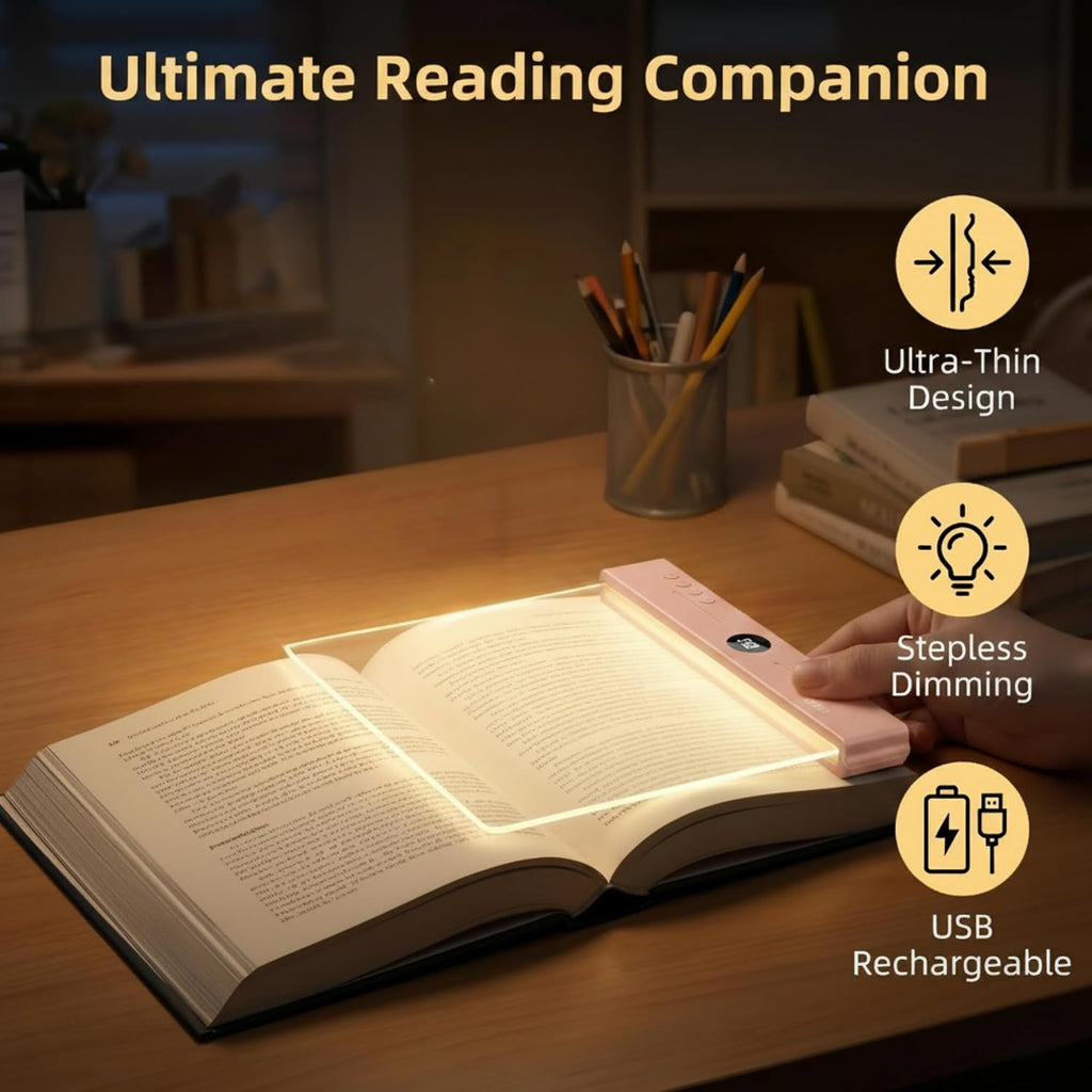 XL LED Flat Book Light for Reading at Night in Bed - Light Pink