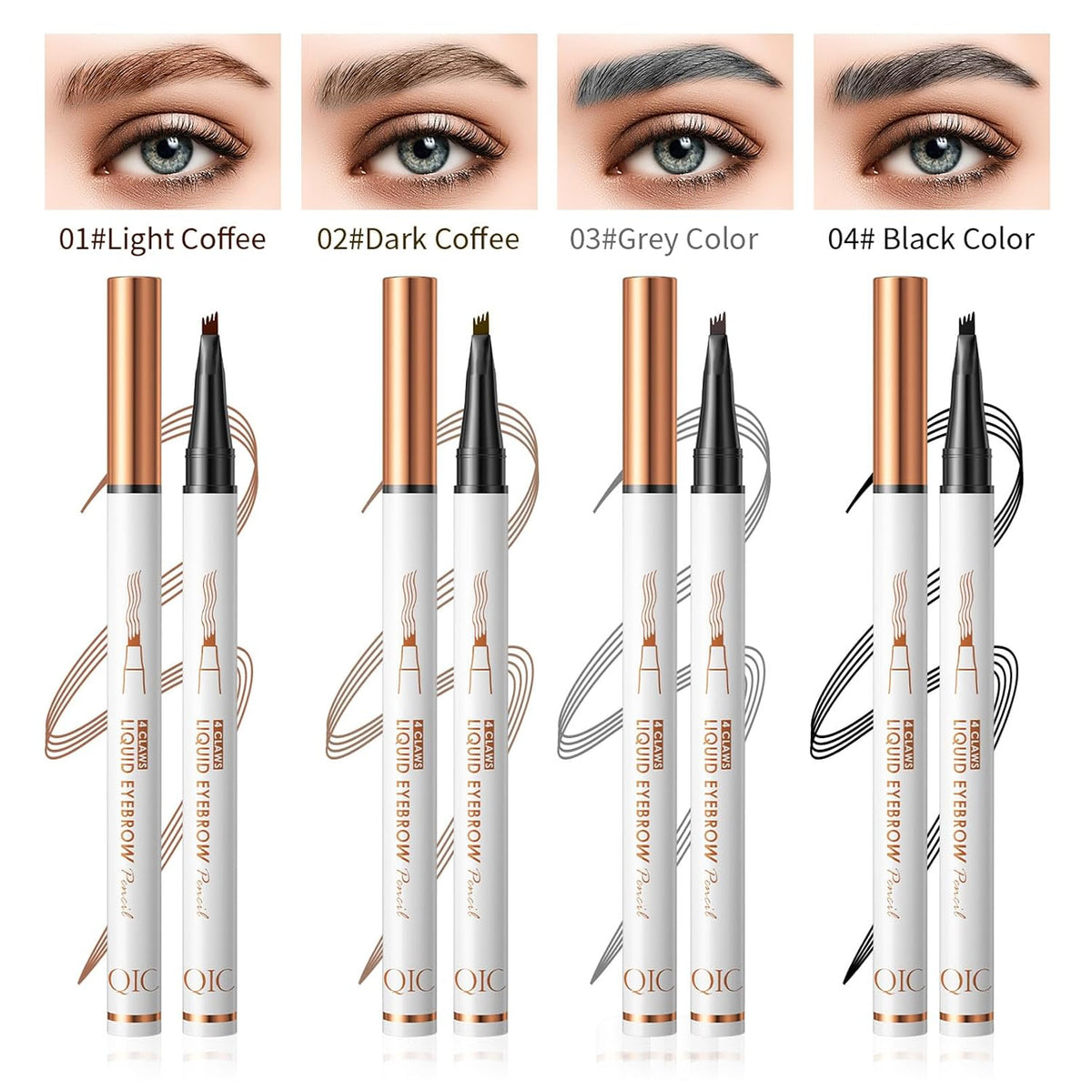 4-Tip Liquid Brow Pen, Natural Hair Strokes, Brows, Liner, Beard, Hairline(2#Dark Brown)