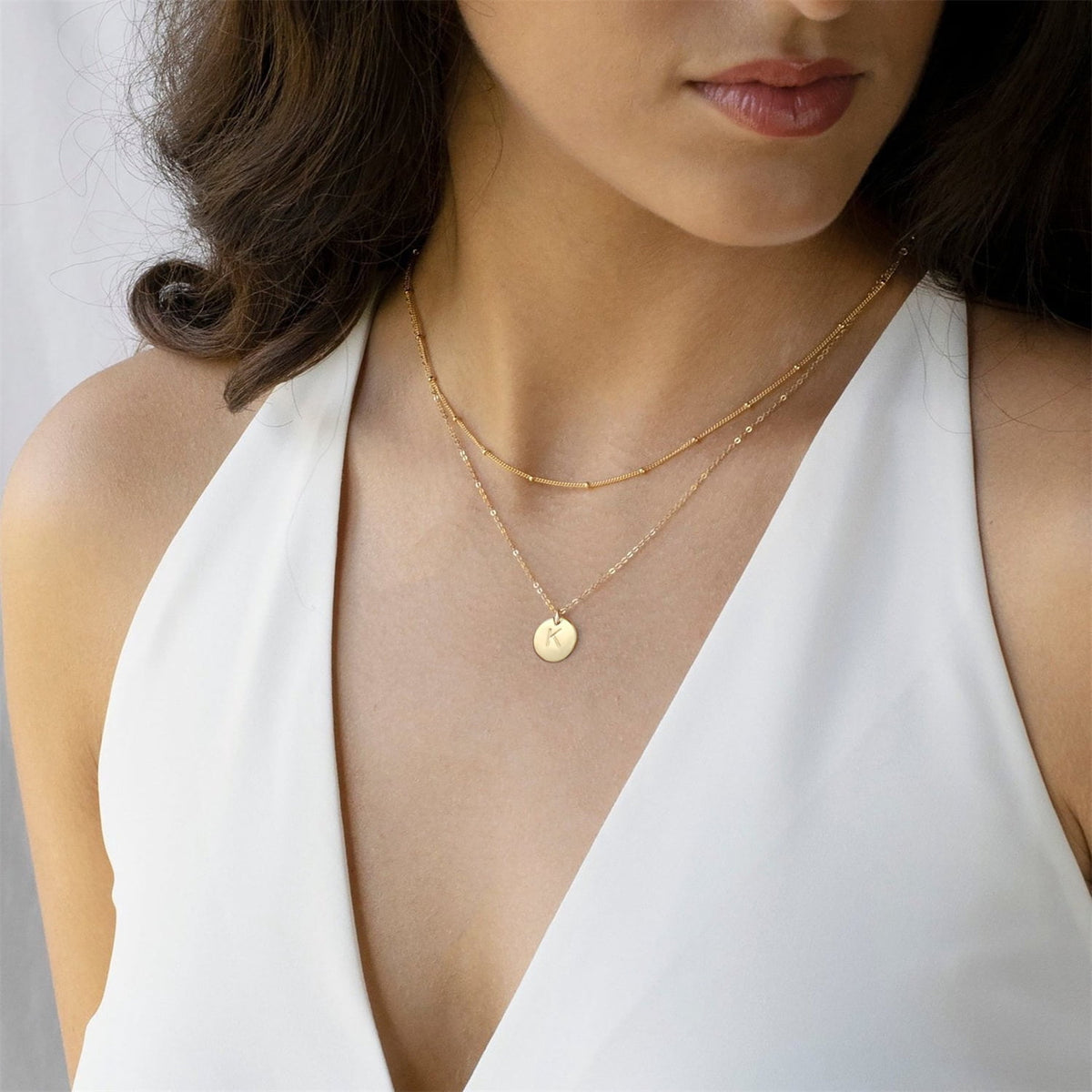 Dainty 14K Gold Plated Layered Initial Pendant Necklace 