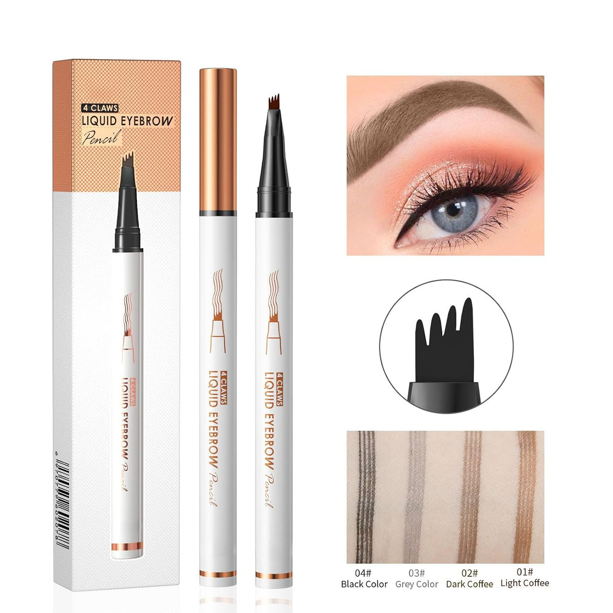 4-Tip Liquid Brow Pen, Natural Hair Strokes, Brows, Liner, Beard, Hairline(2#Dark Brown)