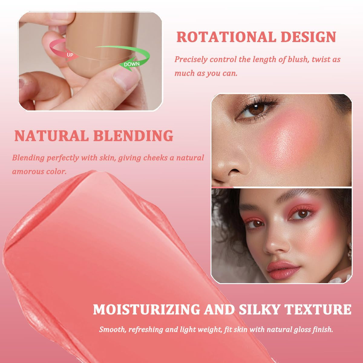 Cream Blush Stick, Natural-Looking Matte Finish Makeup Blush Stick