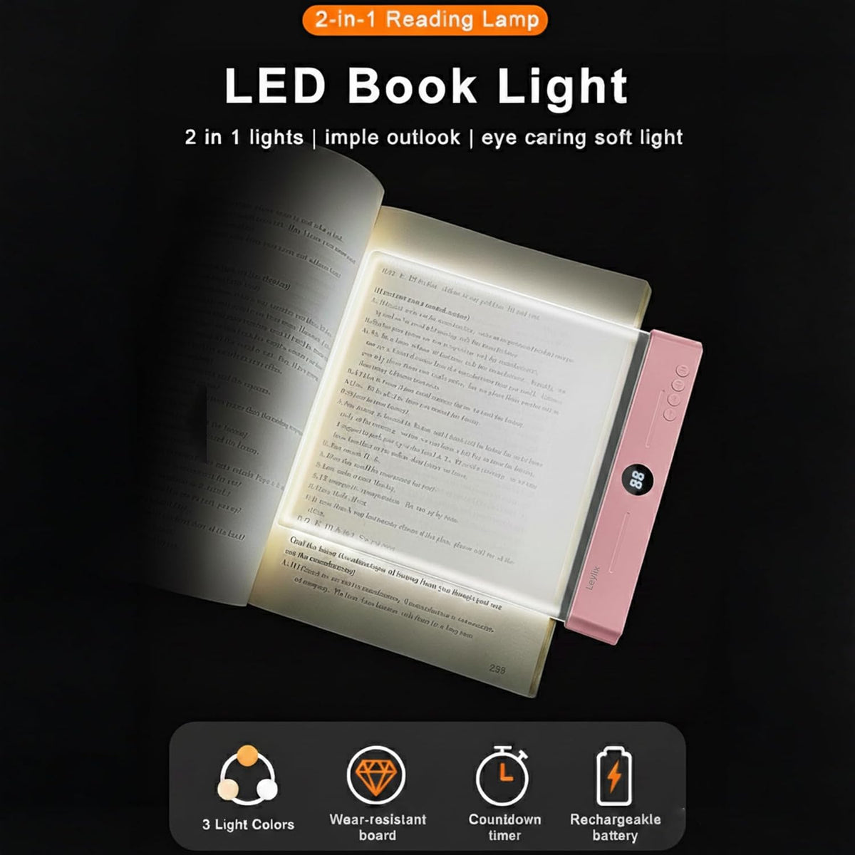 XL LED Flat Book Light for Reading at Night in Bed - Light Pink