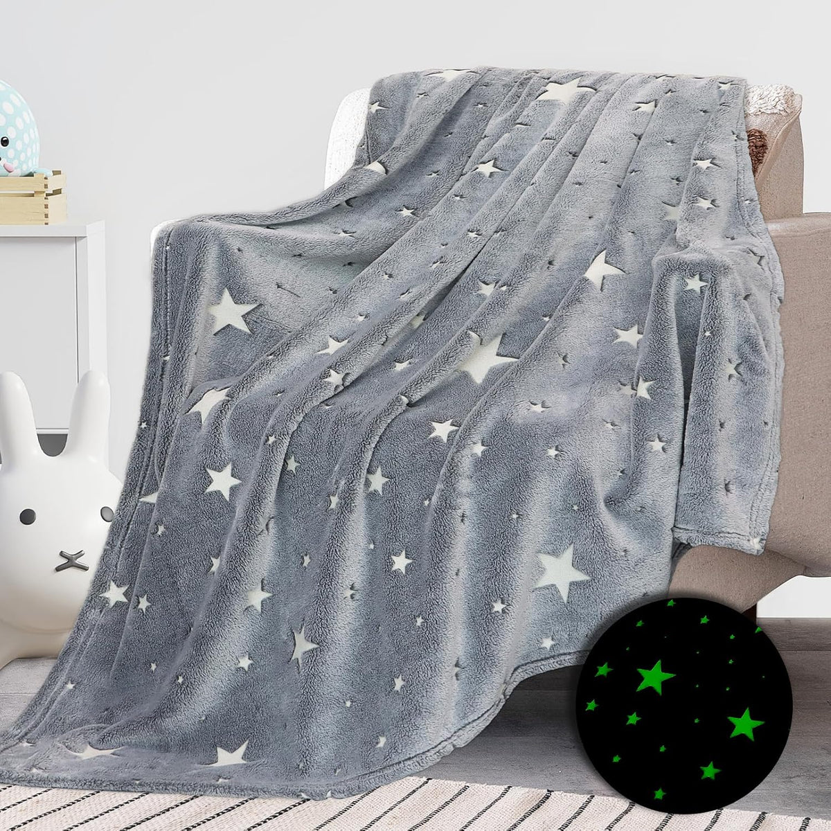 Glow in the Dark Star Space Blanket for Kids, Grey Cute Galaxy Throw for Boys Girls, Soft Flannel Toddler Blanket, Bedroom Room Decor, Birthday Gifts, 80" X 60"