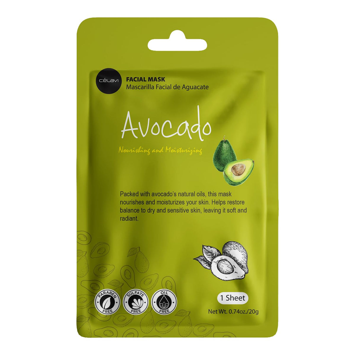 Celavi Korean Face Mask Sheet Set, Spa Masks, 12 Pack Avocado