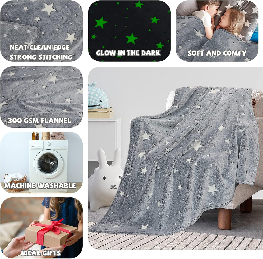 Glow in the Dark Star Space Blanket for Kids, Grey Cute Galaxy Throw for Boys Girls, Soft Flannel Toddler Blanket, Bedroom Room Decor, Birthday Gifts, 80" X 60"