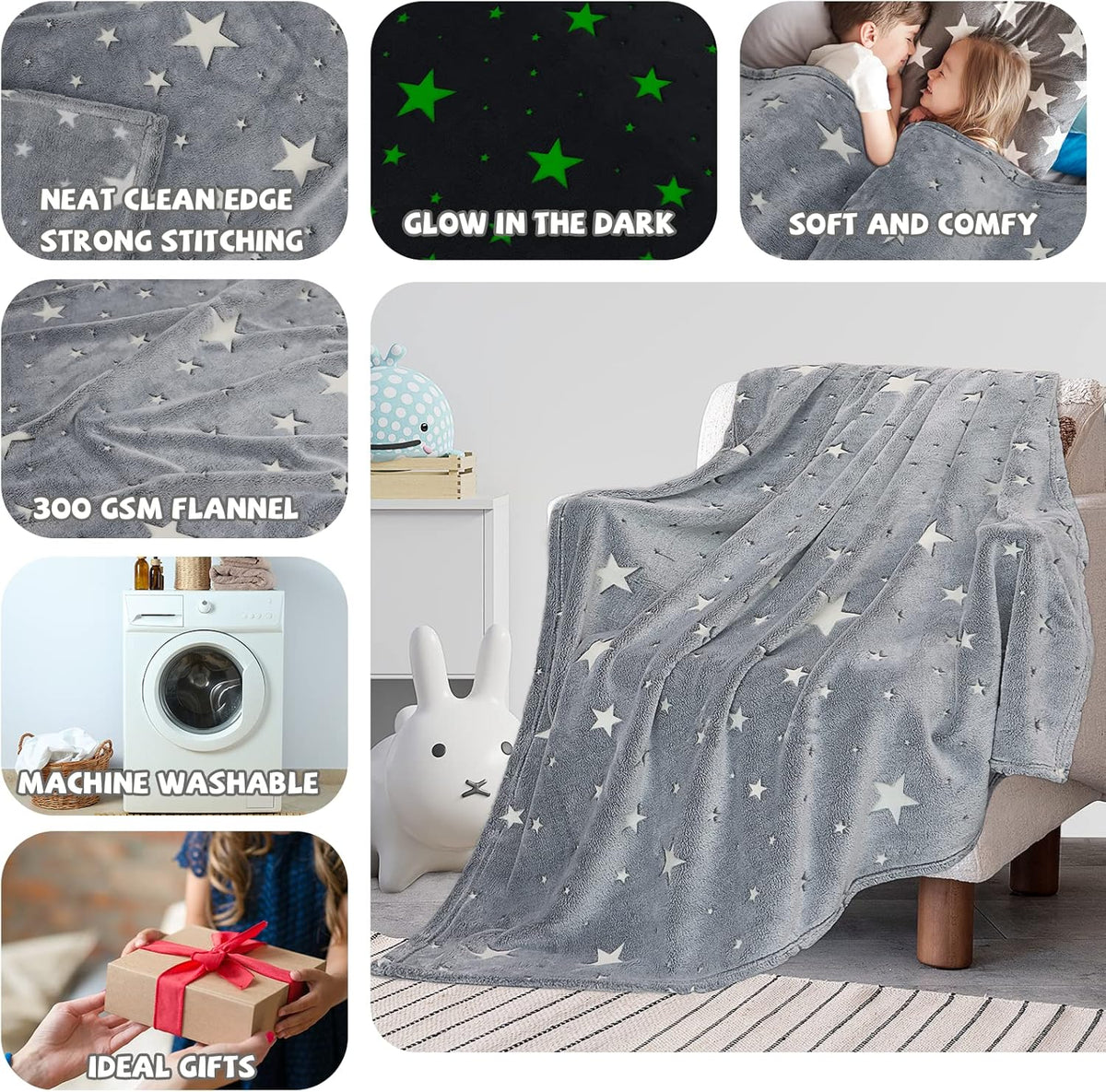 Glow in the Dark Star Space Blanket for Kids, Grey Cute Galaxy Throw for Boys Girls, Soft Flannel Toddler Blanket, Bedroom Room Decor, Birthday Gifts, 80" X 60"