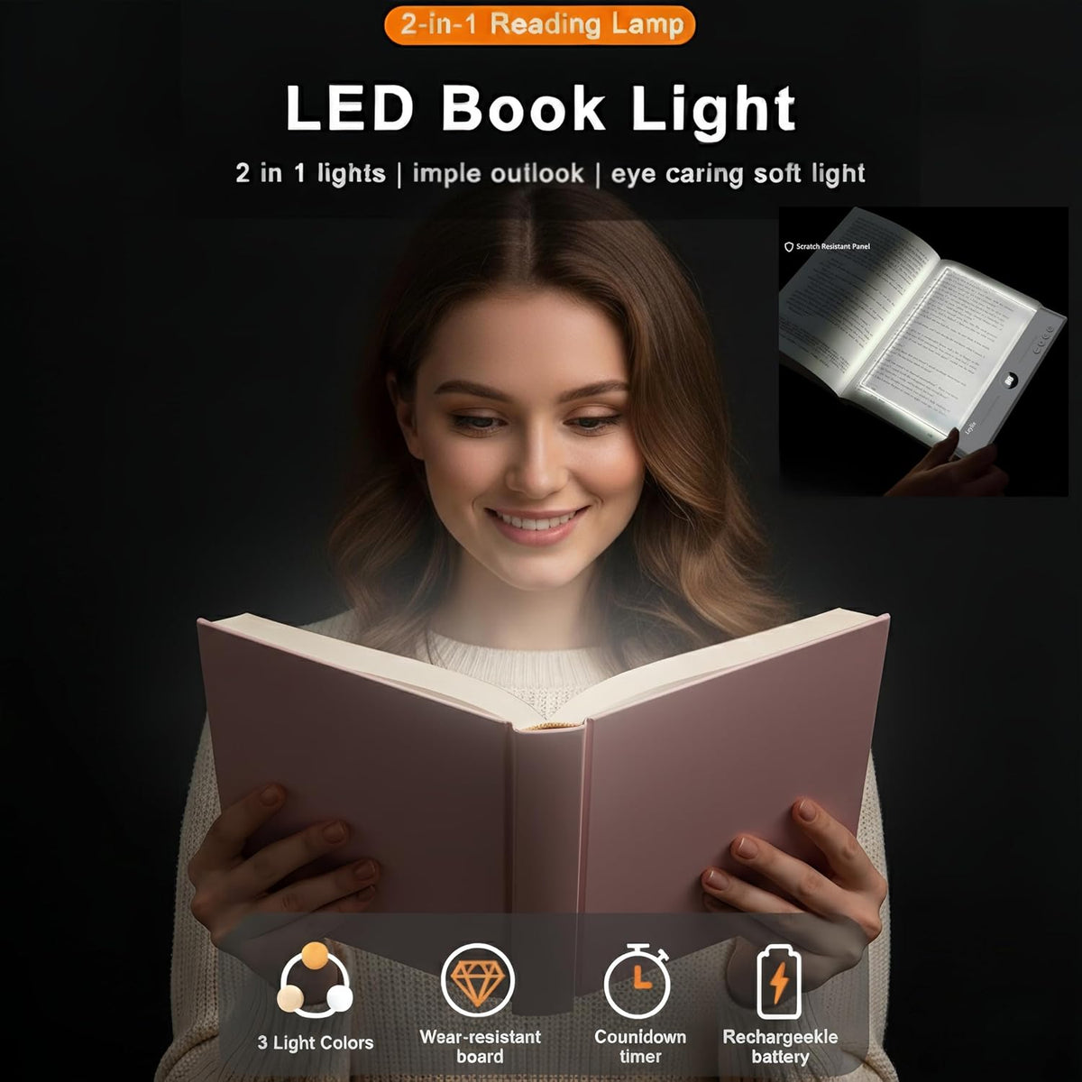 XL LED Flat Book Light for Reading at Night in Bed, Matte White