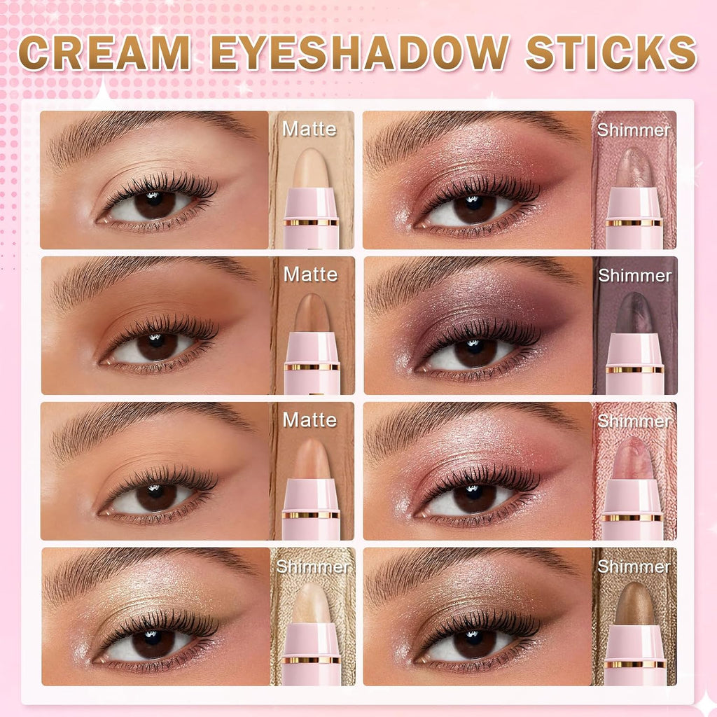 8PCS Cream Eyeshadow Stick Set, Shimmer Matte, Waterproof Long-Wear