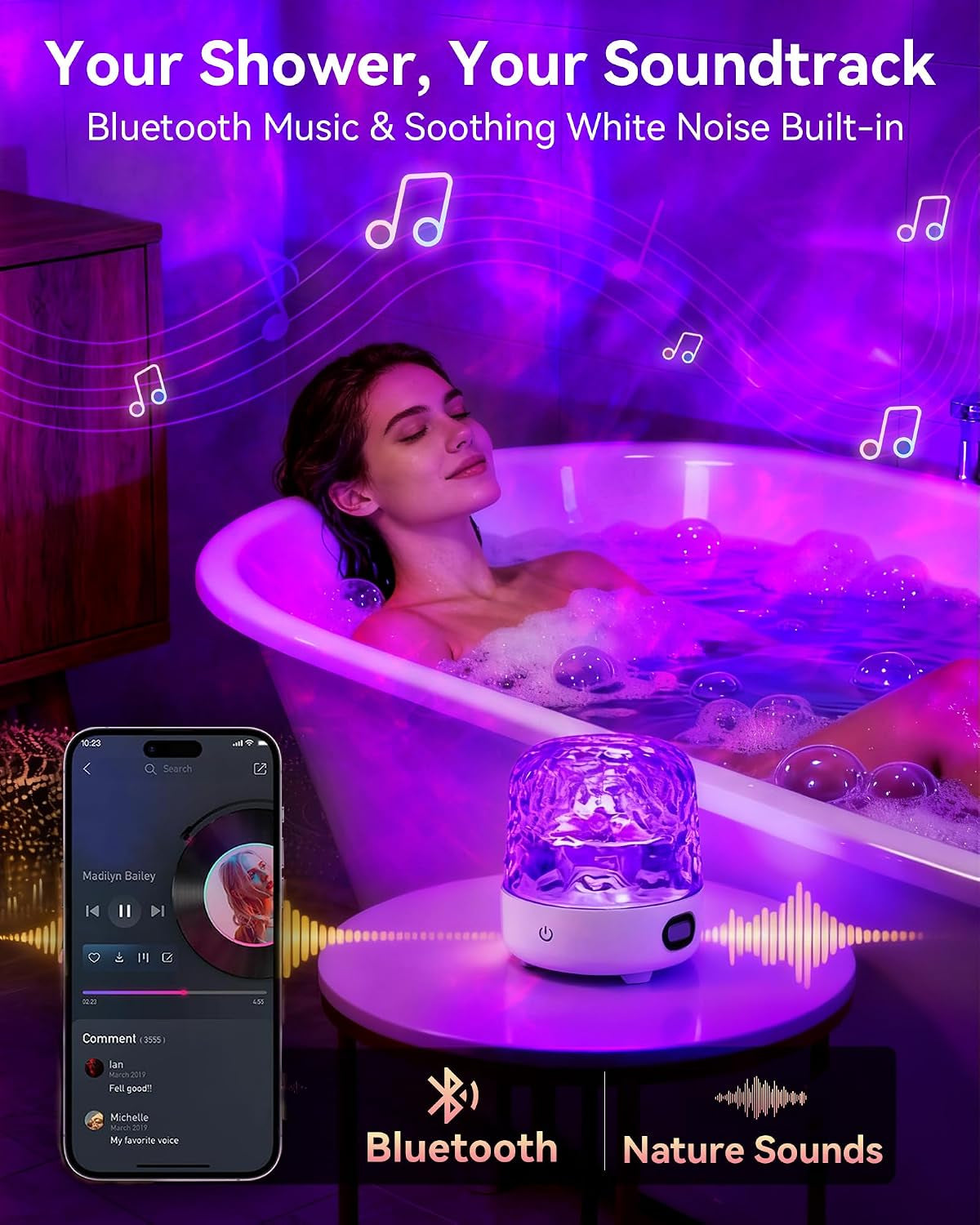 Shower Light with Bluetooth Speaker, Waterproof Shower Lamp, White