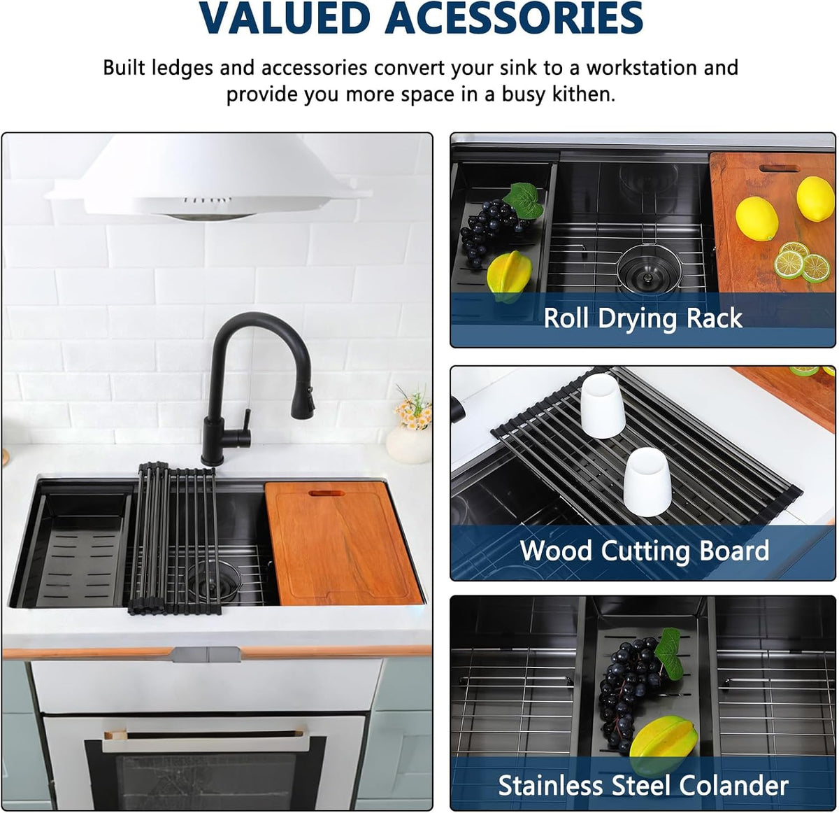  Black Undermount Kitchen Sink Workstation