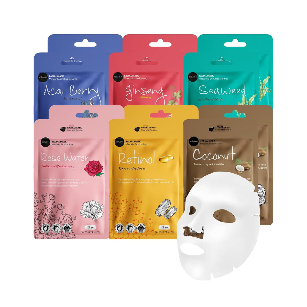Celavi Korean Face Mask Sheet Set, Spa Masks, 12 Pack Coconut