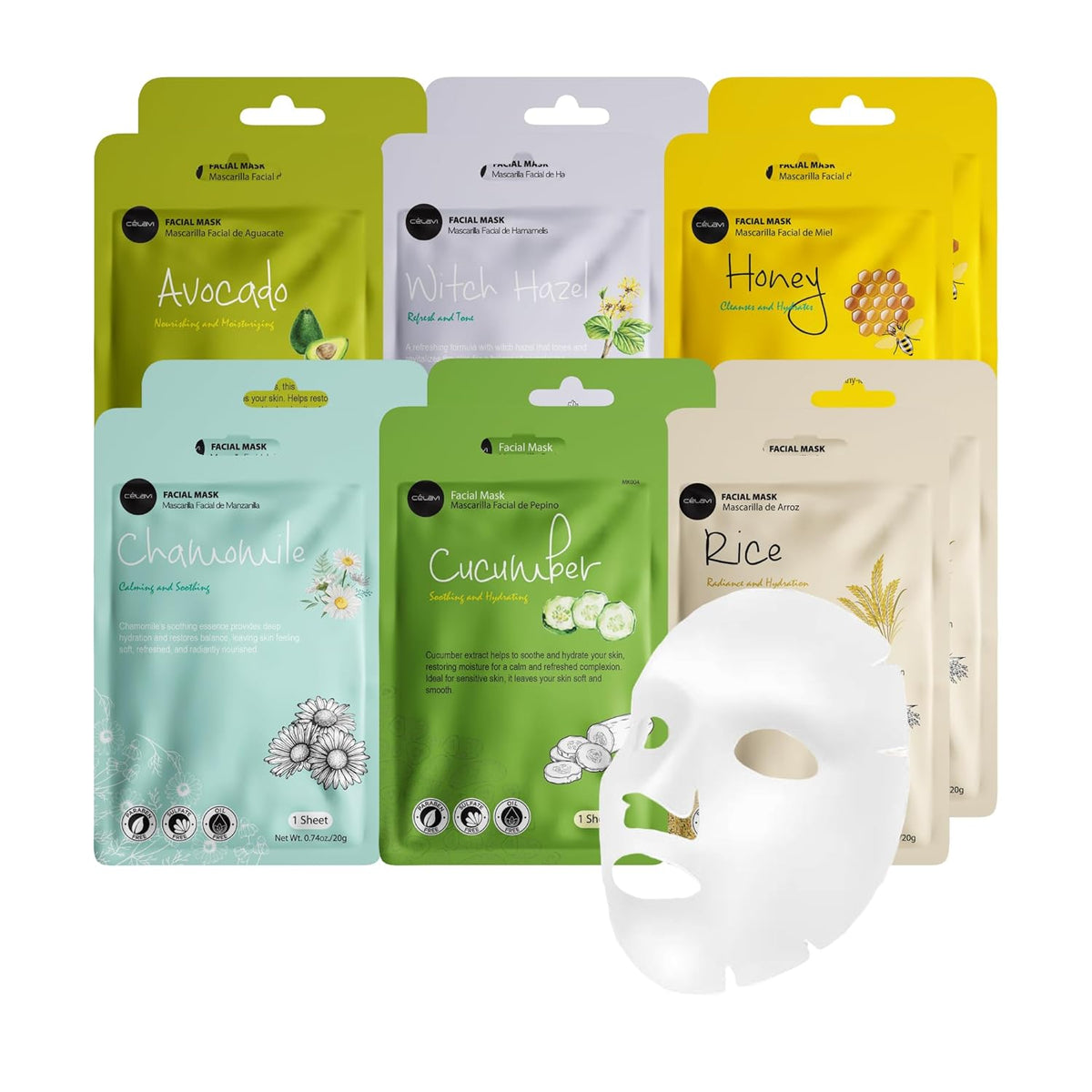 Celavi Korean Face Mask Sheet Set, Spa Masks, 12 Pack Avocado