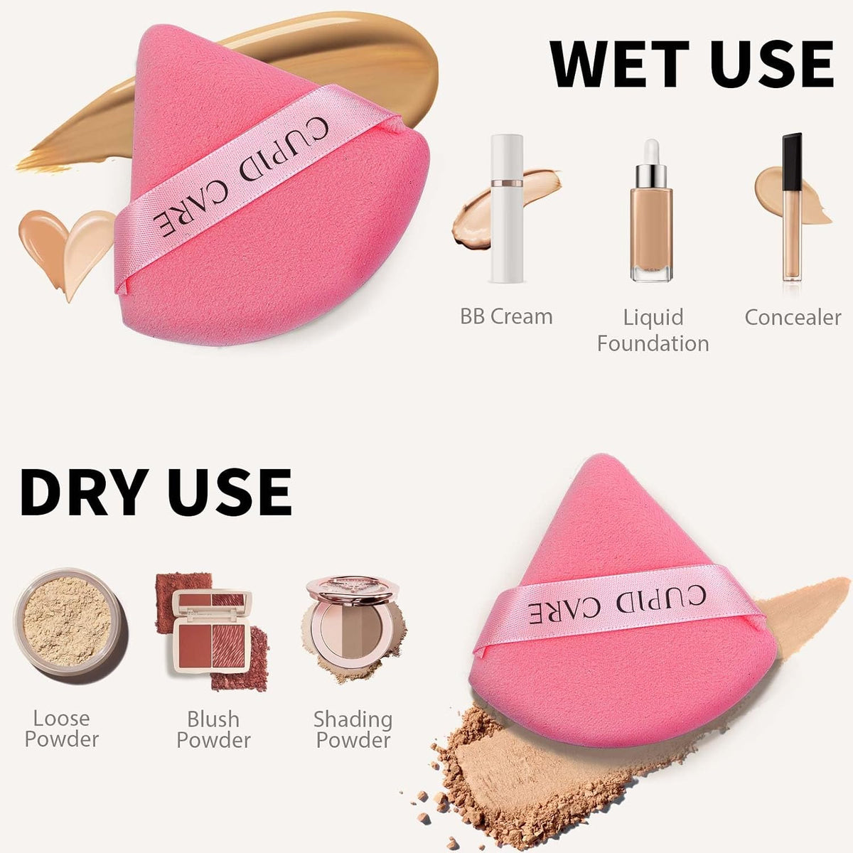 6 Pcs Triangle Powder Puff with 2 Travel Cases, Setting Powder Puffs for Face Powder and Foundation, Velour Makeup Puff for Loose Powder Body Powder, Skin-Friendly, Beauty Makeup Tools-Red