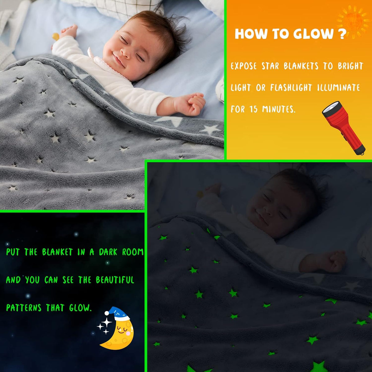 Glow in the Dark Star Space Blanket for Kids, Grey Cute Galaxy Throw for Boys Girls, Soft Flannel Toddler Blanket, Bedroom Room Decor, Birthday Gifts, 80" X 60"