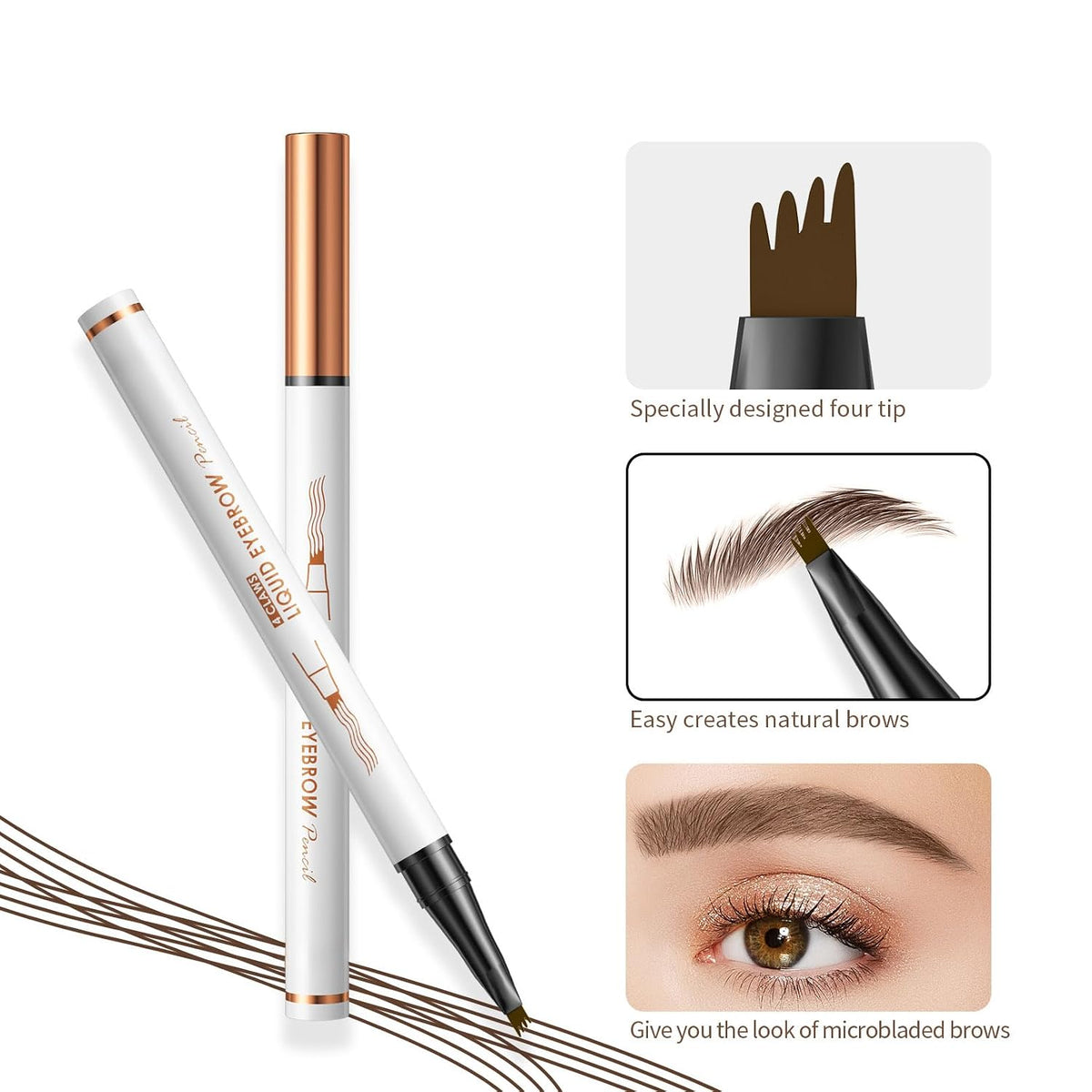 4-Tip Liquid Brow Pen, Natural Hair Strokes, Brows, Liner, Beard, Hairline(2#Dark Brown)