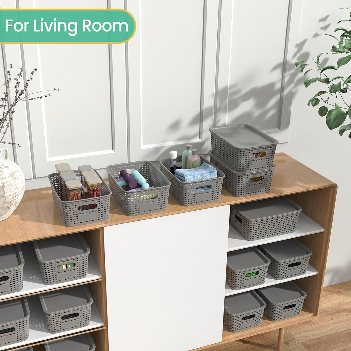 8 Pack Plastic Storage Baskets with Lids for Organization