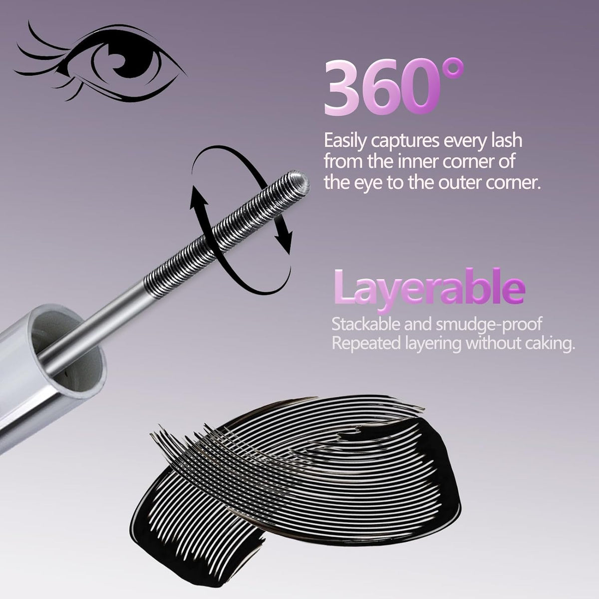 Iron Wand Mascara, Metal Mascara Wand, Added Fiber, Black, 0.28 Fl. Oz.
