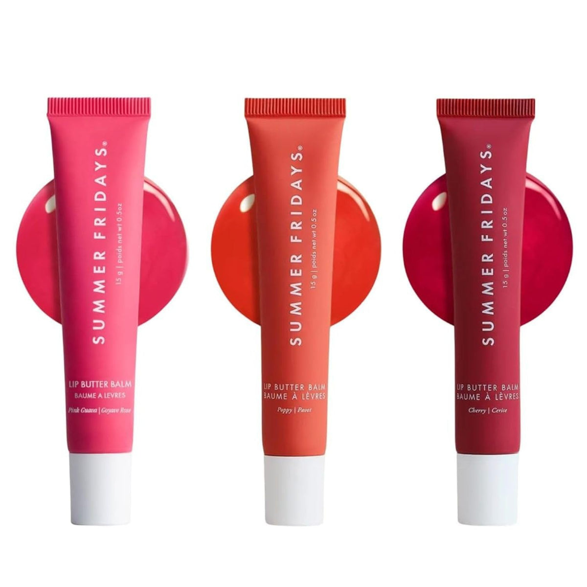 Lip Butter Balm Summer Fruit Trio - Tinted Hydrating Lip Balm for Instant Moisture + Glassy Shine - Vegan Skincare Makeup with Shea Butter - Set Includes Pink Guava, Poppy, + Cherry