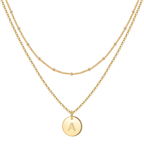 Dainty 14K Gold Plated Layered Initial Pendant Necklace 