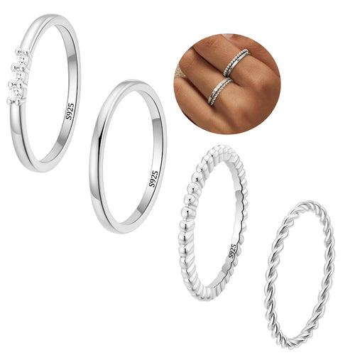 4PCS S925 Sterling Silver Plated Rings for Women Non Tarnish Fashion CZ Thumb Pinky Stackable Ring Set Birthday Graduation Mothers Day Jewelry Gifts Her Teen Girlfriend Ideas Size 6/7/8/9/10