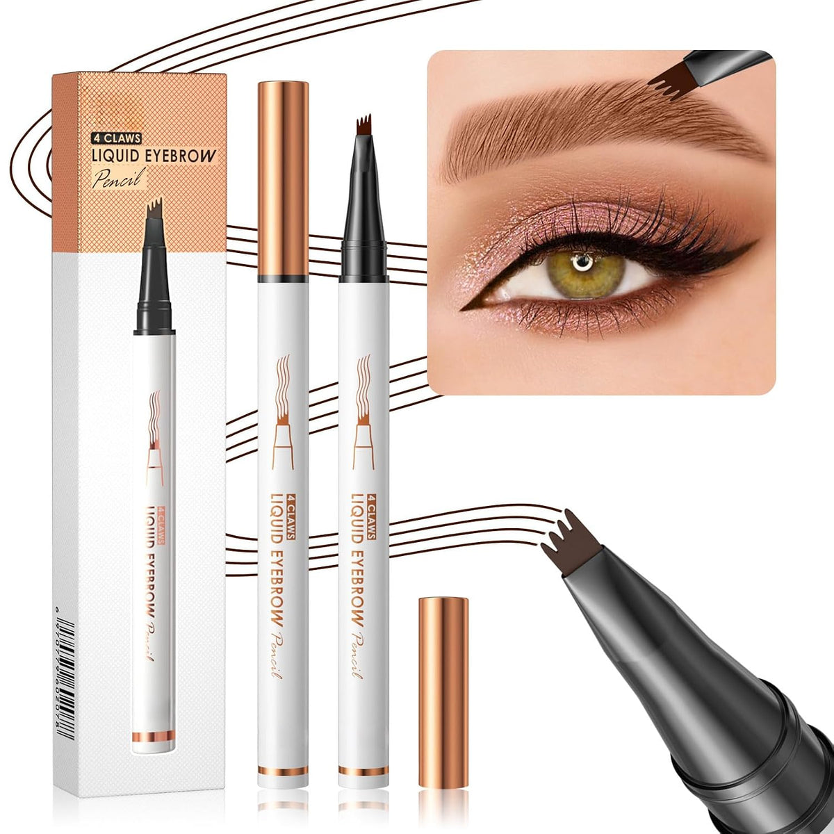 4-Tip Liquid Brow Pen, Natural Hair Strokes, Brows, Liner, Beard, Hairline(2#Dark Brown)