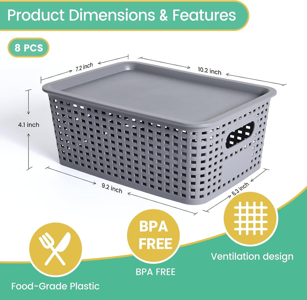 8 Pack Plastic Storage Baskets with Lids for Organization