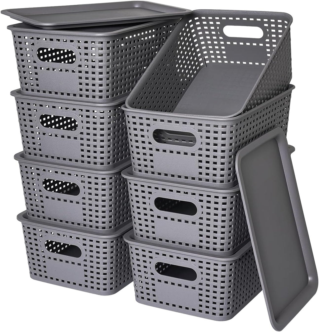 8 Pack Plastic Storage Baskets with Lids for Organization