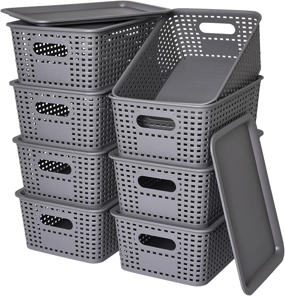 8 Pack Plastic Storage Baskets with Lids for Organization