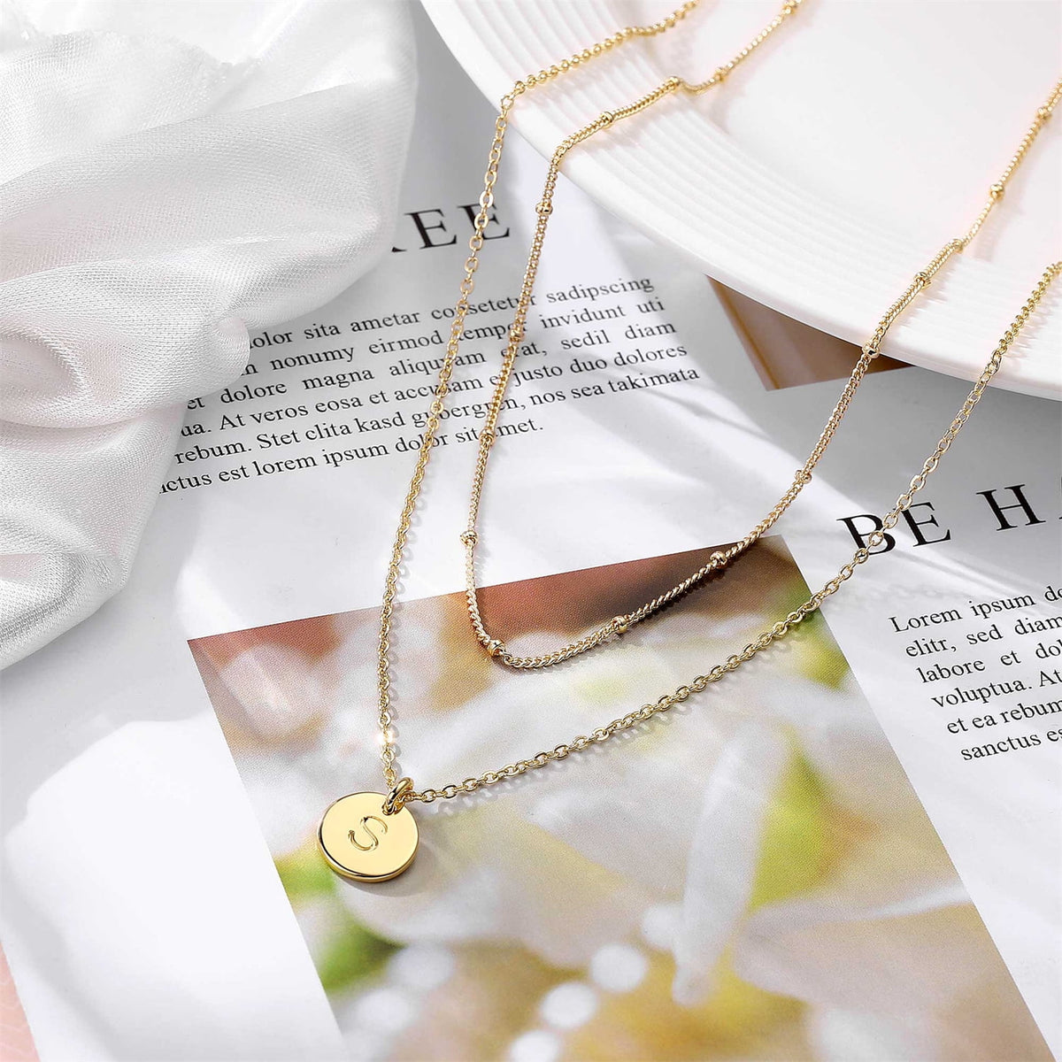 Dainty 14K Gold Plated Layered Initial Pendant Necklace 