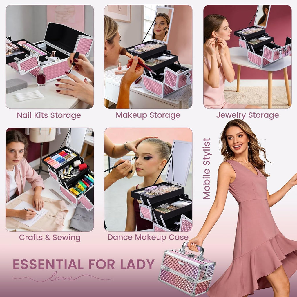 Makeup Case Organizer Makeup Box Cosmetic Train Case with Mirror