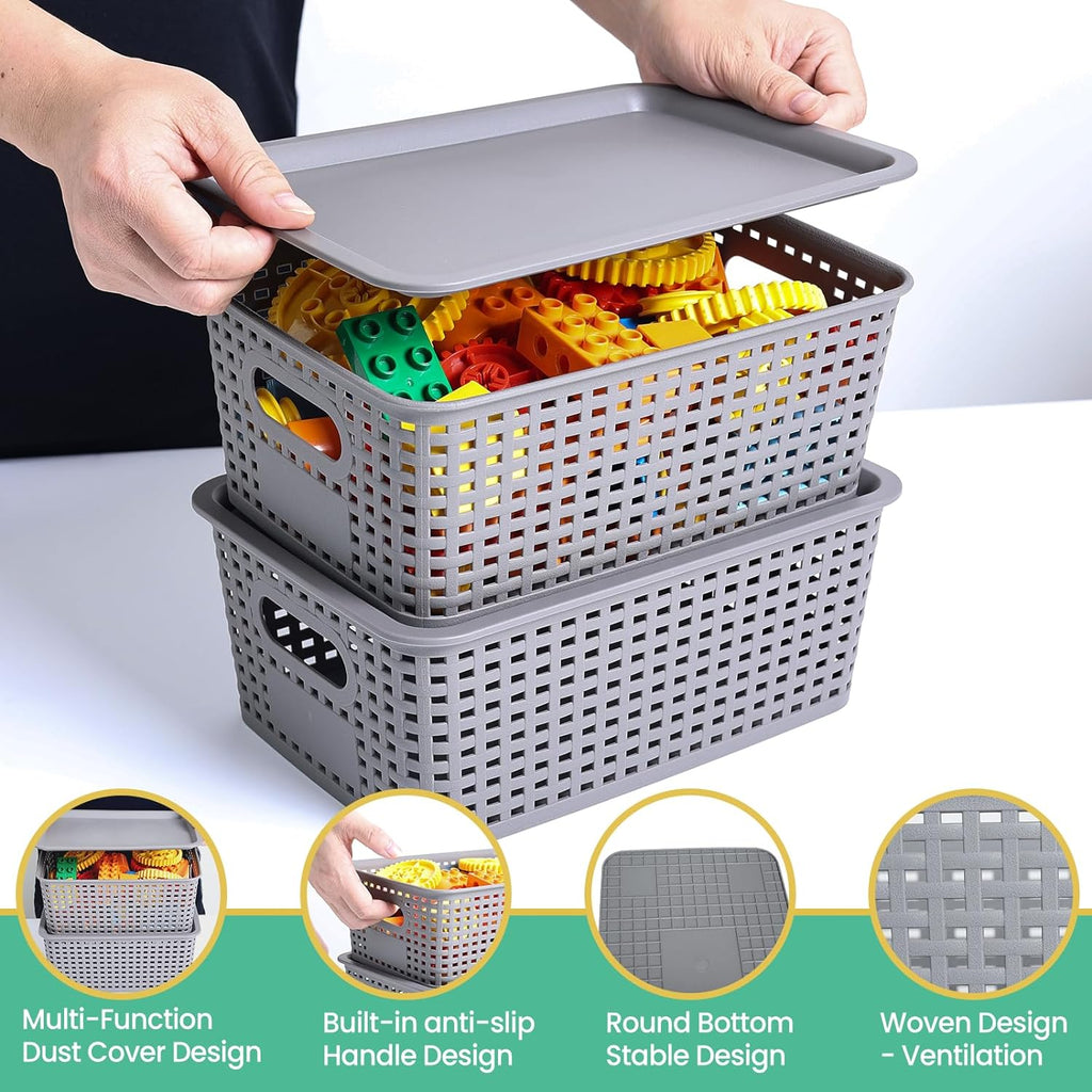 8 Pack Plastic Storage Baskets with Lids for Organization