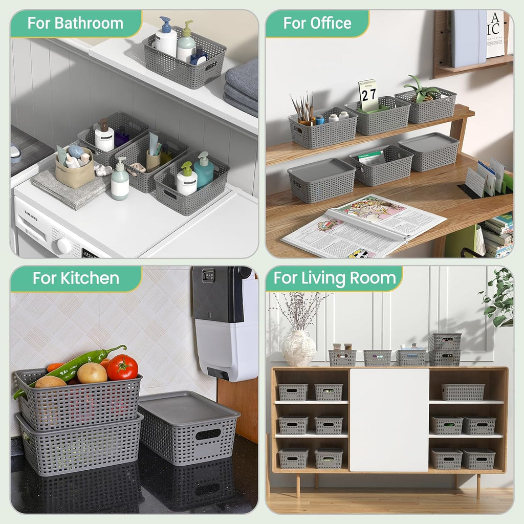 8 Pack Plastic Storage Baskets with Lids for Organization